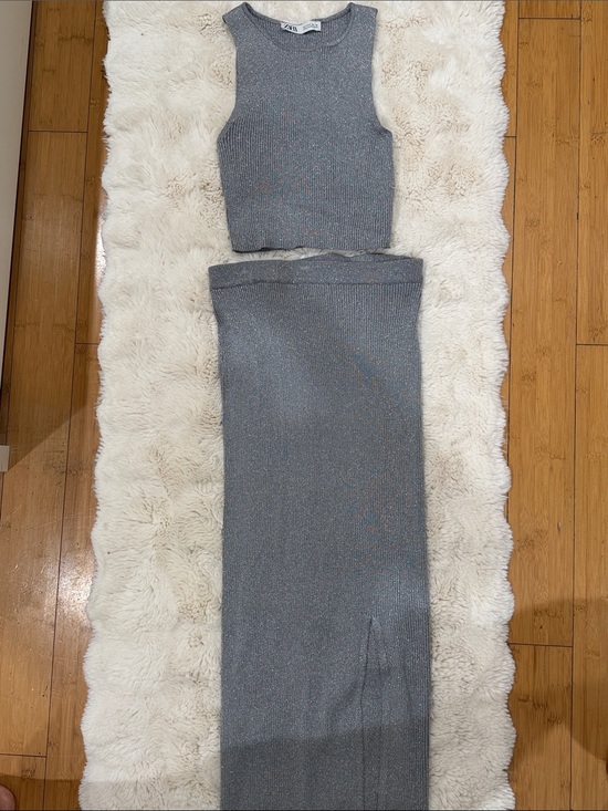 Zara Dresses & Skirts - Zara Metallic Gray Ribbed Cropped Tank & Skirt Set